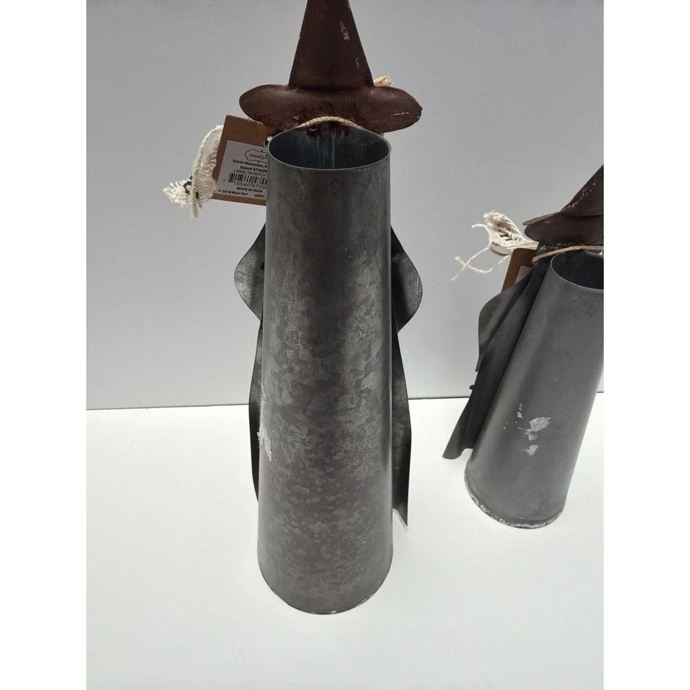 Mud Pie Set of 2 Galvanized Metal Halloween Witch Figures with Broom and‎ Cat